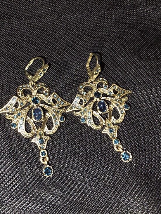 Jewelry - Gold Filigree Drop Earrings with Blue Crystals - Women Jewelry